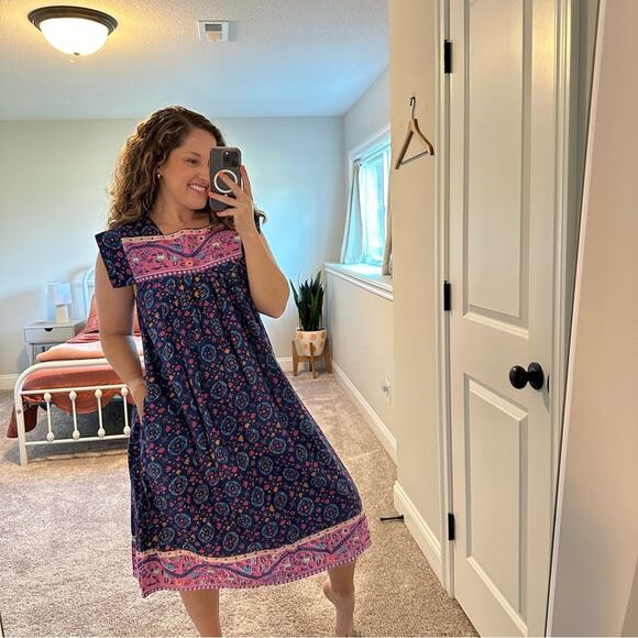 Vintage Blue Pink Cotton Block Printed House Maxi Dress Muumuu Small - Picture 2 of 12